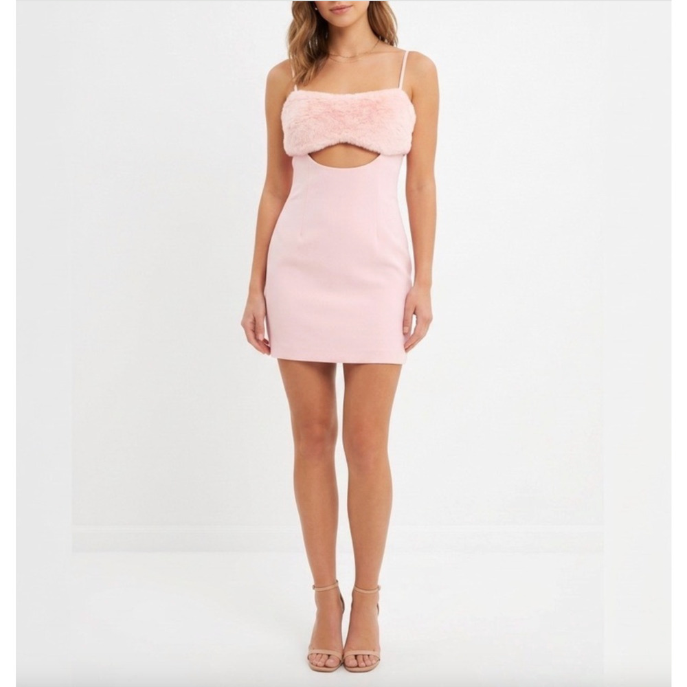 Naked Wardrobe Faux Fur Cutout Mini Dress Light Pink Bodycon Square Neck M NWT